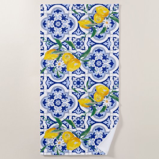 Portugese tegels, citroenen, vruchten, zomerkunst strandlaken (Voorkant)