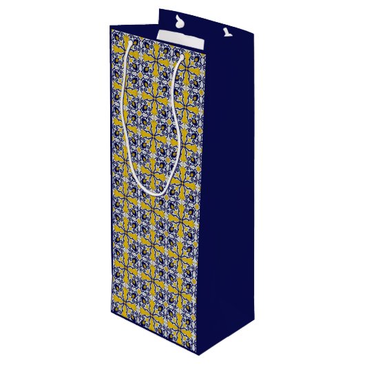 Portugese tegels in blauw en geel voor kerstmis wijn cadeautas (Achterkant Gekanteld)