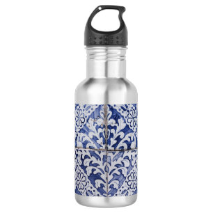 Portugese Tegelwerk - Azulejo Blauw en Wit Bloemmo Waterfles