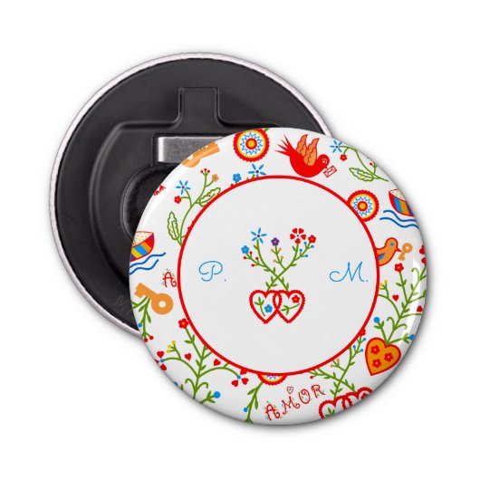Portugese valentijnse liefdeszakdoeken button flesopener (Voorkant)