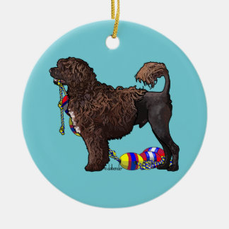 Portugese waterhond bruine lion met drijflijn keramisch ornament