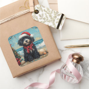Portugese Waterhond Kerstmis Vintage Strand Vierkante Sticker