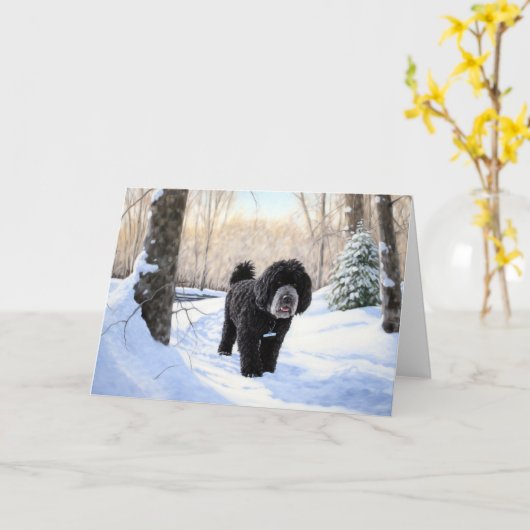 Portugese waterhond laat het sneeuwen Kerstmis Kaart (Gele Bloem)