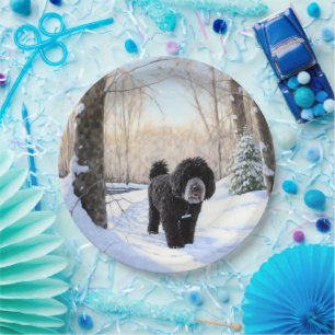Portugese waterhond laat het sneeuwen Kerstmis Papieren Bordje
