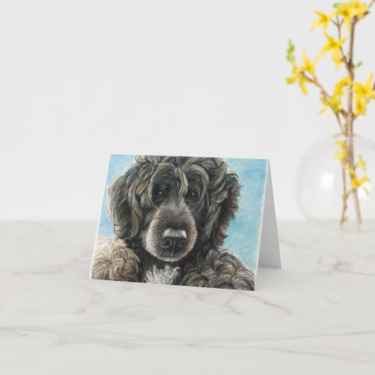 Portugese Waterhond Originele Kunst Notecard Kaart (Gele Bloem)