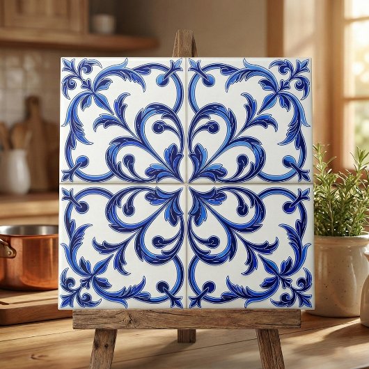 Portuguese Azulejo Blue and White Floral Scroll Tegeltje
