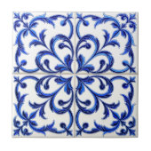 Portuguese Azulejo Blue and White Floral Scroll Tegeltje (Voorkant)