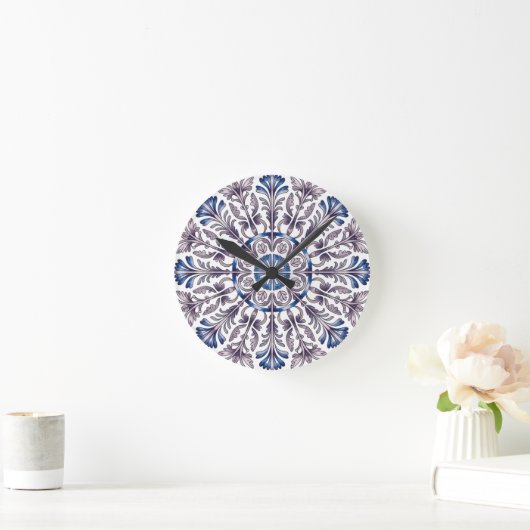Portuguese Azulejo Blue Floral Pattern Wall Clock Ronde Klok (Huis)