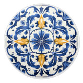 Portuguese Azulejo Pattern Blue White Yellow Keramische Knop (Voorkant)