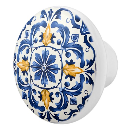 Portuguese Azulejo Pattern Blue White Yellow Keramische Knop (Rechts)