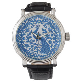 Portuguese Azulejo Peacock Watch – Blue & White Ti Horloge