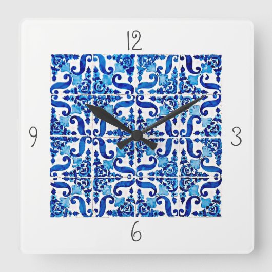 Portuguese Azulejo Square Wall Clock Vierkante Klok (Voorkant)