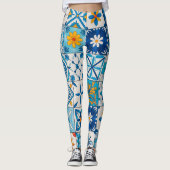 Portuguese Azulejo Tile Leggings – Blue & Yellow M (Voorkant)