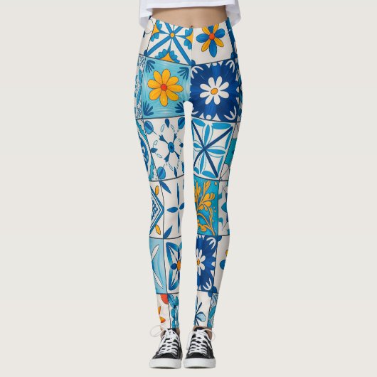 Portuguese Azulejo Tile Leggings – Blue & Yellow M (Voorkant)