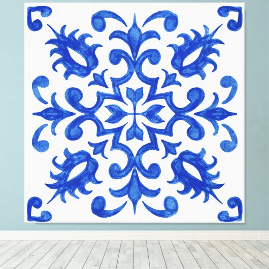 Portuguese Blue Tile central round medallion Canvas Afdruk (Insitu (Houten vloer))