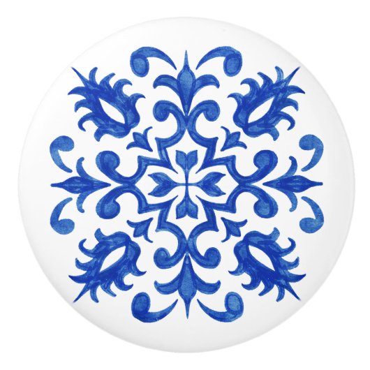 Portuguese Blue Tile central round medallion Keramische Knop (Voorkant)