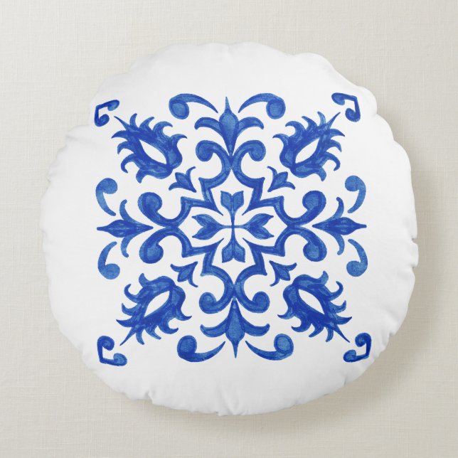 Portuguese Blue Tile central round medallion Rond Kussen (Voorkant)