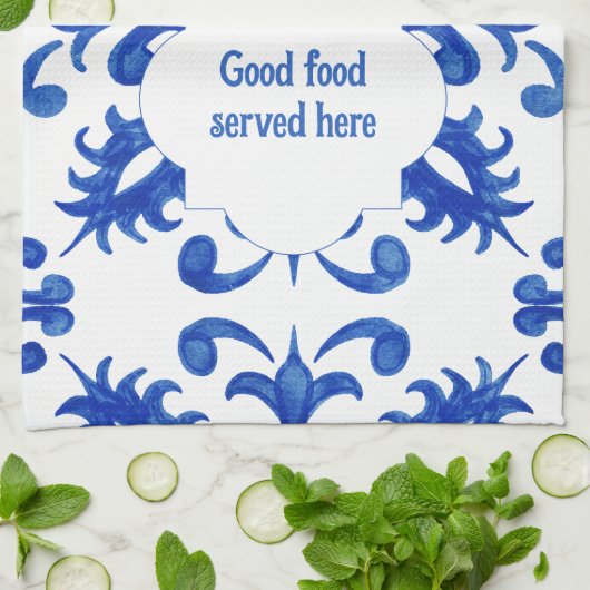 Portuguese Blue Tile central round medallion Theedoek (Gevouwen)