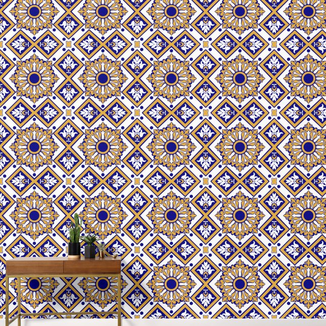 Portuguese Blue Yellow Mediterranean Floral  Behang (Hal)
