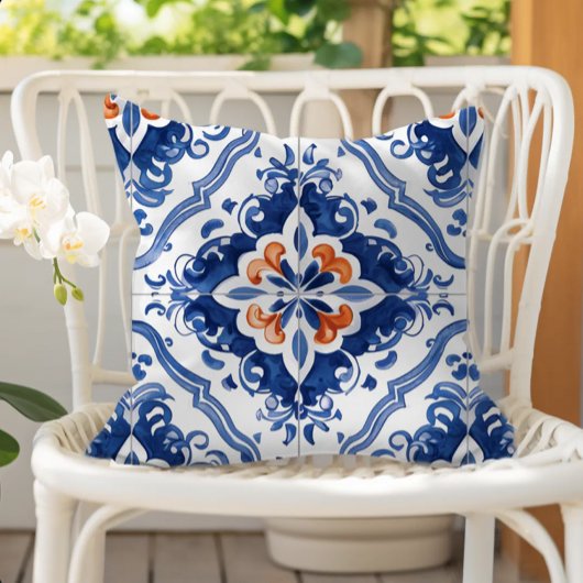 Portuguese Tile Pattern Blue White Orange Buitenkussen