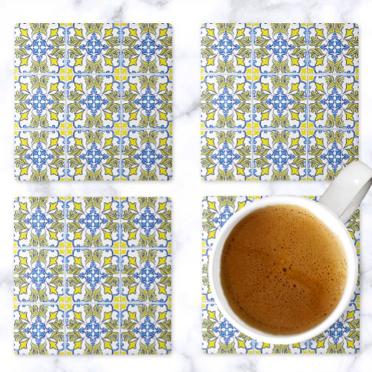 Portuguese Tile Pattern Yellow White Blue Stenen Onderzetter