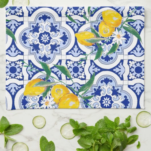 Portuguese tiles,lemons,fruits,summer art  theedoek (Gevouwen)