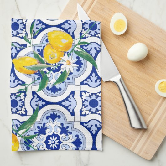 Portuguese tiles,lemons,fruits,summer art  theedoek (Quarter Fold)