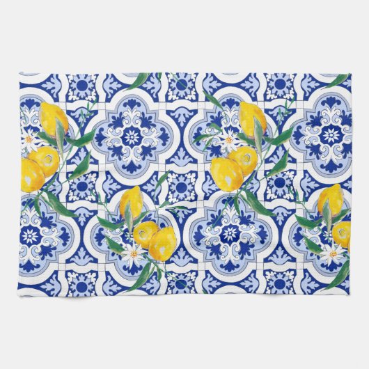 Portuguese tiles,lemons,fruits,summer art  theedoek (Horizontaal)