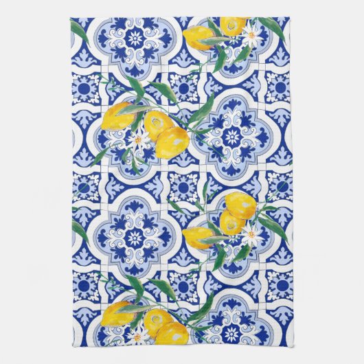 Portuguese tiles,lemons,fruits,summer art  theedoek (Verticaal)