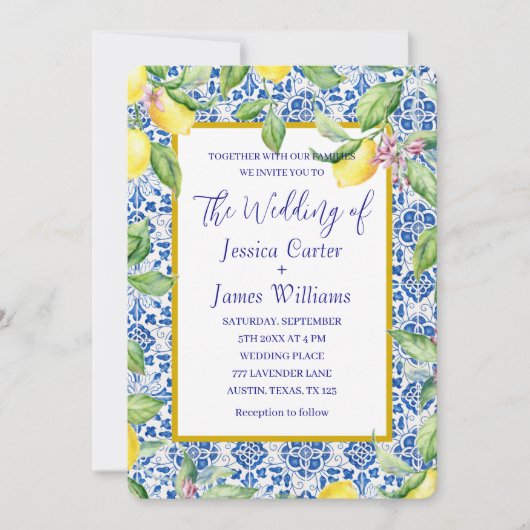 Portuguese Tiles Lemons Mediterranean Wedding Kaart (Voorkant)