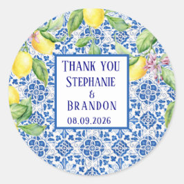 Portuguese Tiles Lemons Mediterranean Wedding Ronde Sticker