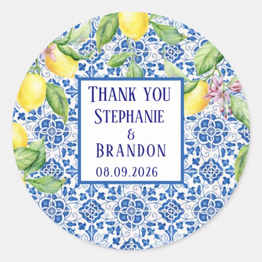 Portuguese Tiles Lemons Mediterranean Wedding Ronde Sticker (Voorkant)