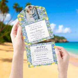 Portuguese Tiles Lemons Rustic Photo Wedding  All In One Uitnodiging