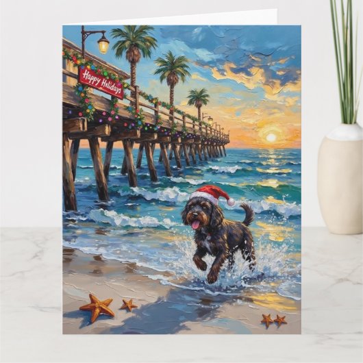 Portuguese Water Dog Christmas Beach Boardwalk Kaart (Voorkant)