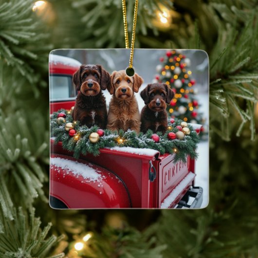 Portuguese Water Dog Christmas Red Truck Holiday Keramisch Ornament (Boom)