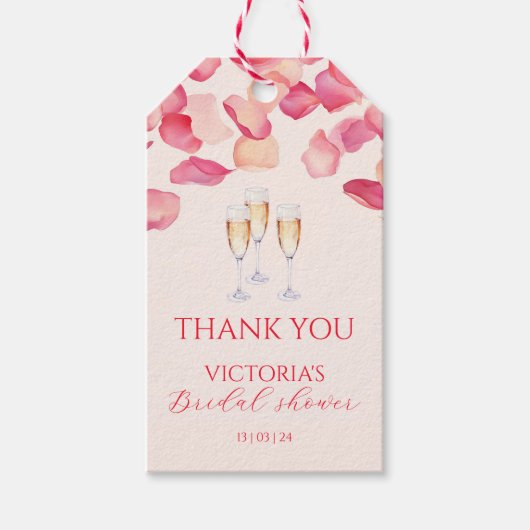 Pose Rozenblaadjes en Prosecco Bruidsdouche Cadeaulabel (Voorkant)