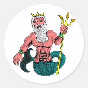 Poseidon, Grieks god van het Zee Holding Trident Ronde Sticker