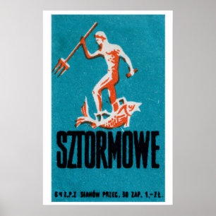 Poseidon Matchbox Kunstprint, Poolse Vintage Folka Poster