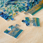 Poseidon op zee rotsen met drietand en dolfijnen legpuzzel (Zijkant)