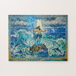 Poseidon op zee rotsen met drietand en dolfijnen legpuzzel