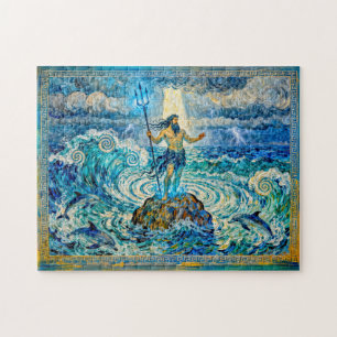 Poseidon op zee rotsen met drietand en dolfijnen legpuzzel