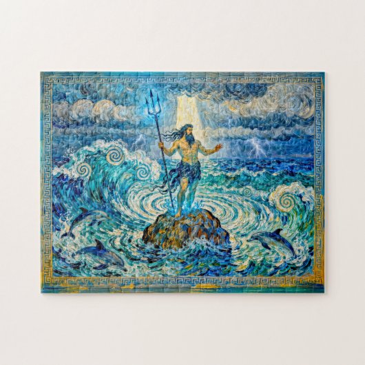 Poseidon op zee rotsen met drietand en dolfijnen legpuzzel (Horizontaal)
