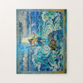 Poseidon op zee rotsen met drietand en dolfijnen legpuzzel (Verticaal)