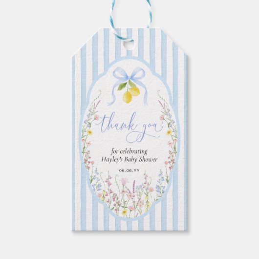 Posey Wildflower Blauwe Strik Babyborrel Cadeaulabel (Voorkant)