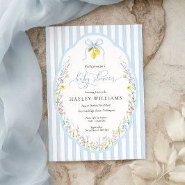 Posey Wildflower Blue Bow Baby Shower Invitation Kaart