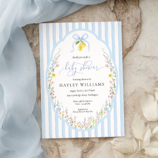 Posey Wildflower Blue Bow Baby Shower Invitation Kaart