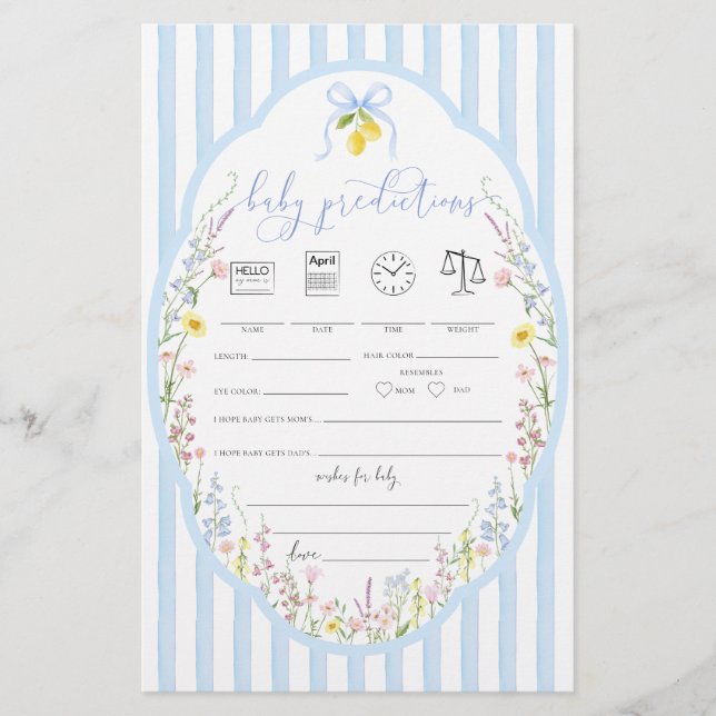 Posey Wildflowers Blue Bow Baby Predictions Game (Voorkant)