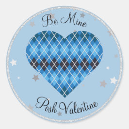 Posh Argyle Blue Sparkle Big Heart Ronde Sticker