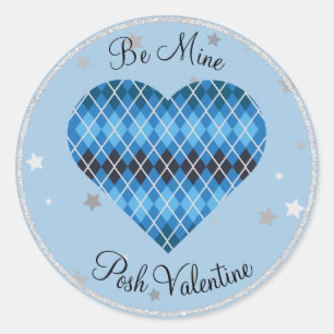 Posh Argyle Blue Sparkle Big Heart Ronde Sticker