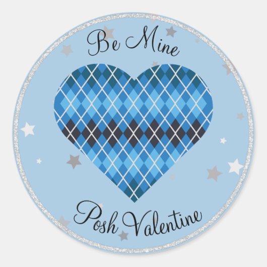 Posh Argyle Blue Sparkle Big Heart Ronde Sticker (Voorkant)